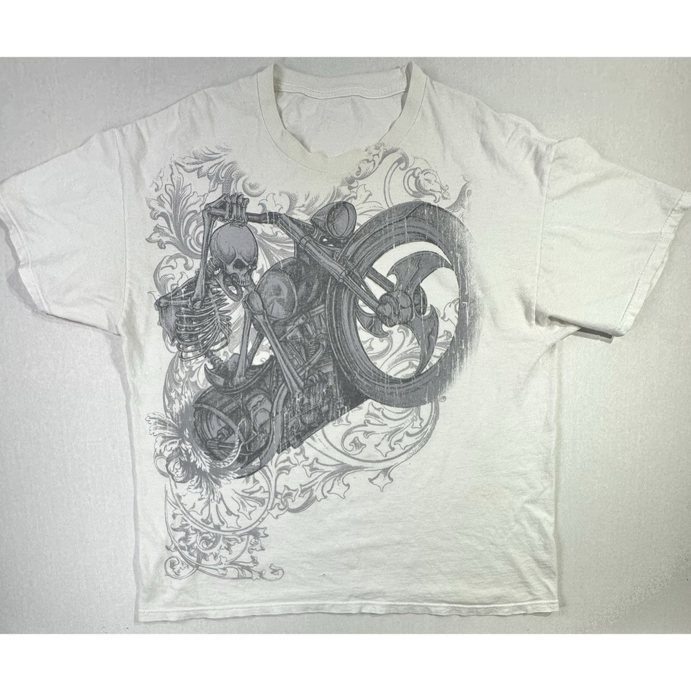 Vintage Skeleton Motorcycle T-Shirt XL Biker Chopper Tattoo Graphic Tee Flame